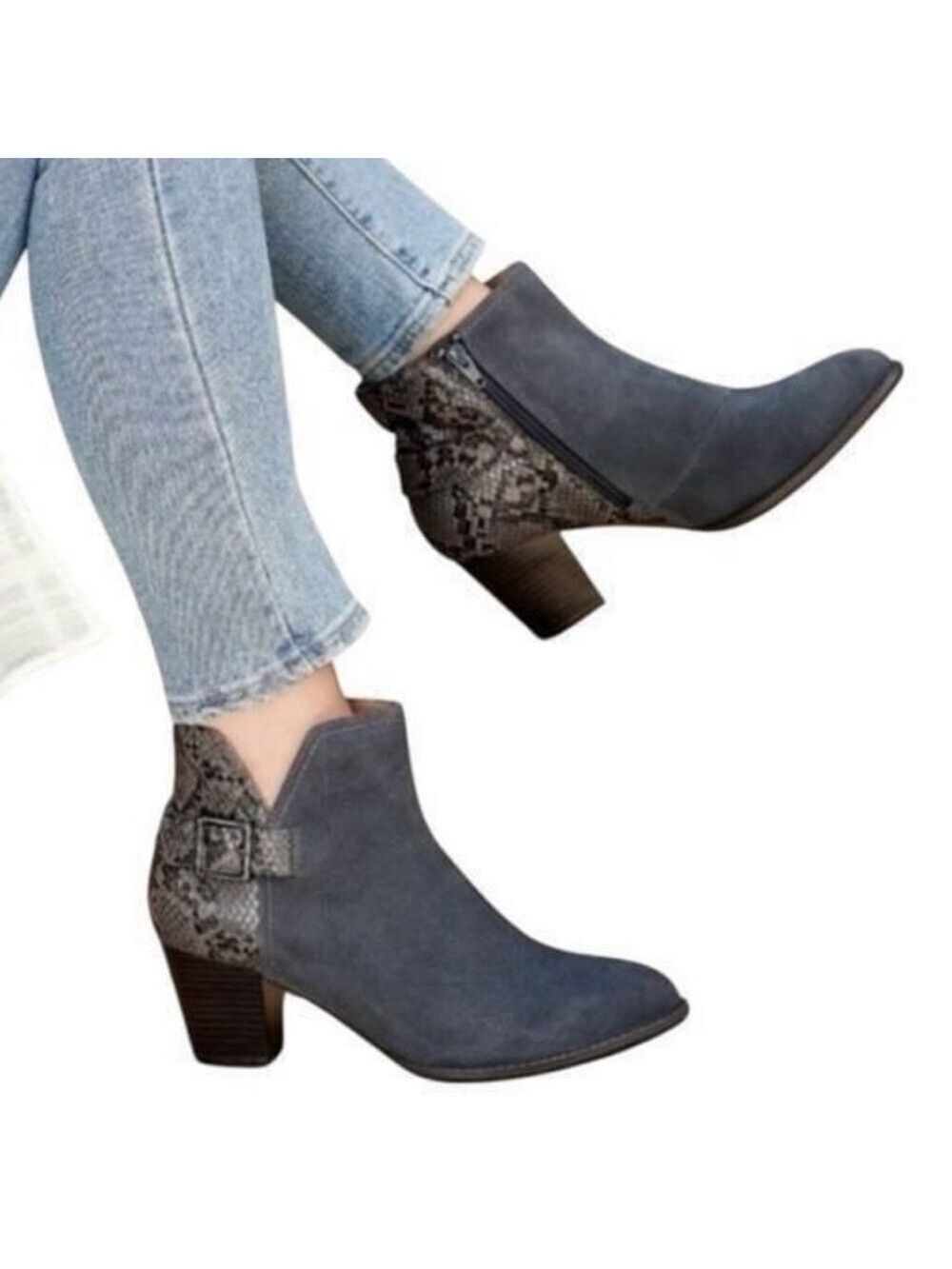 Vionic Naomi Grey Suede Snake Print Water Resistant Ankle Boot Size 8